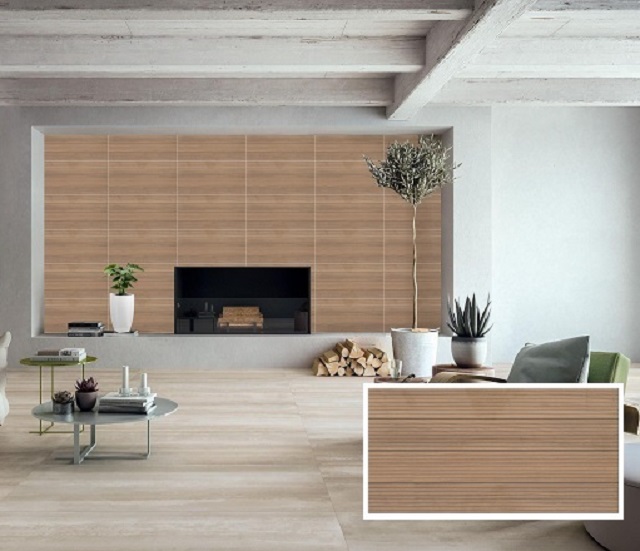 Gạch vân gỗ ứng dụng ốp tường trang trí phòng khách rất nhã nhặn
