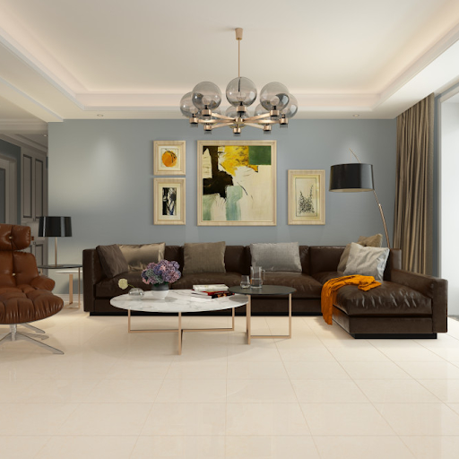 Gạch kích thước 40x40 họa tiết vân đá ứng dụng lát nền không gian phòng khách