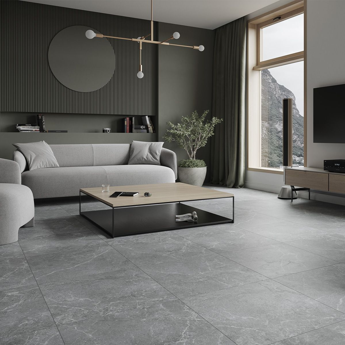 Phòng khách sang trọng và thoáng đãng với giải pháp gạch vân đá Marble